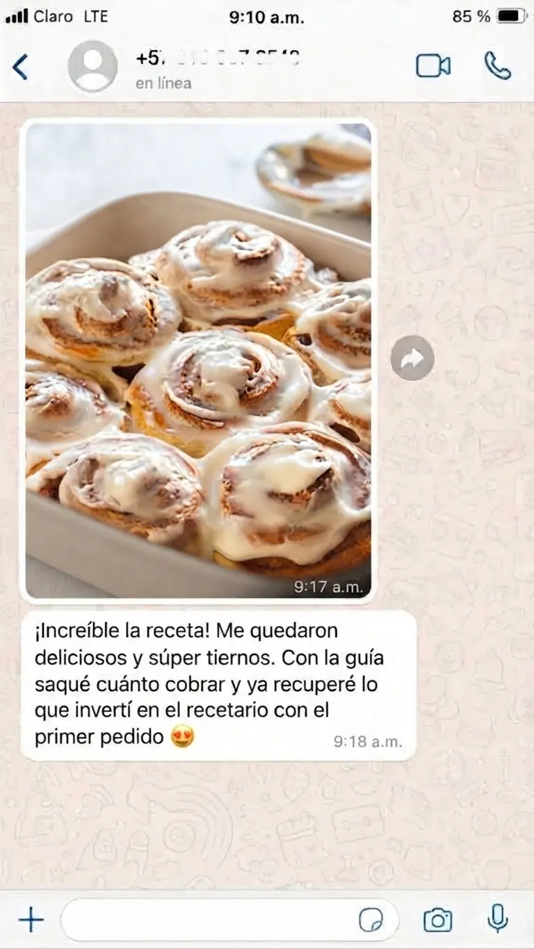 Mensaje real de una clienta con sus rollos de canela