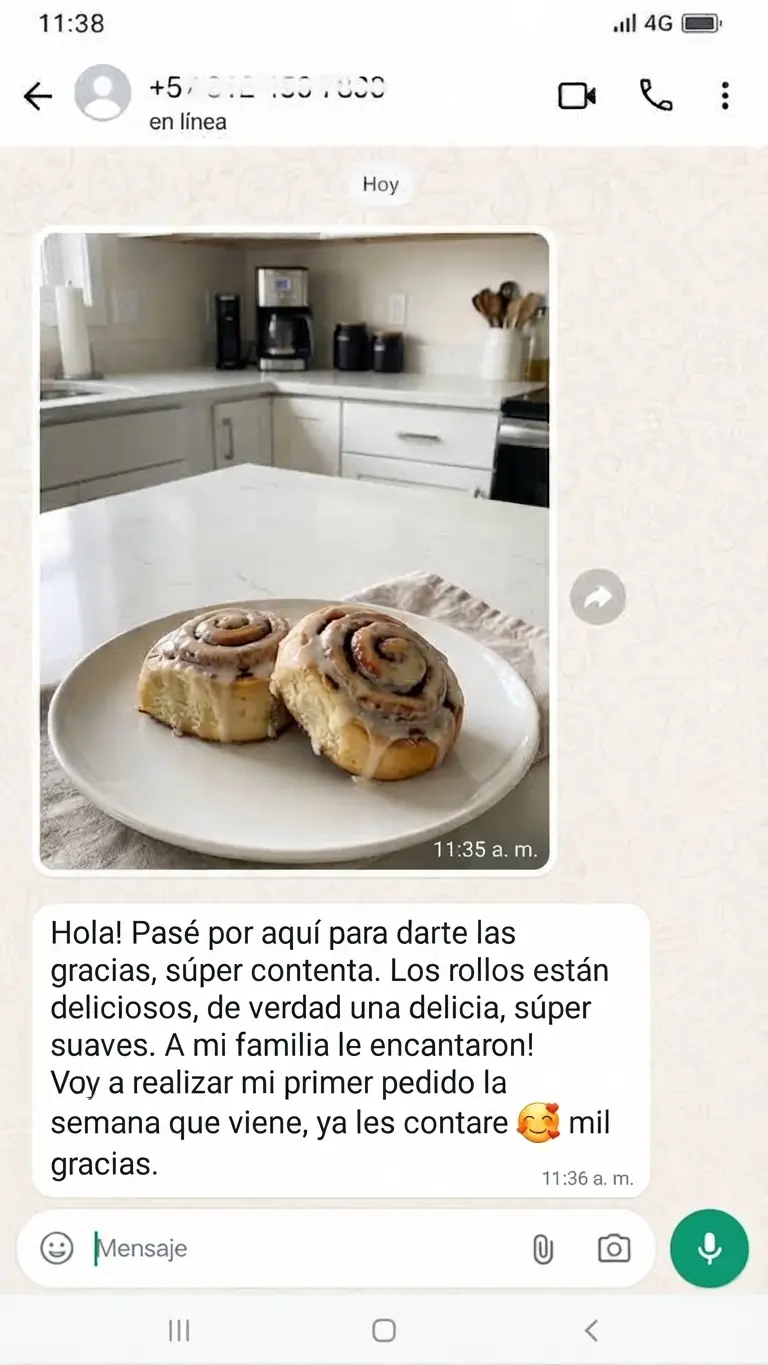 Mensaje real de una clienta con sus rollos de canela